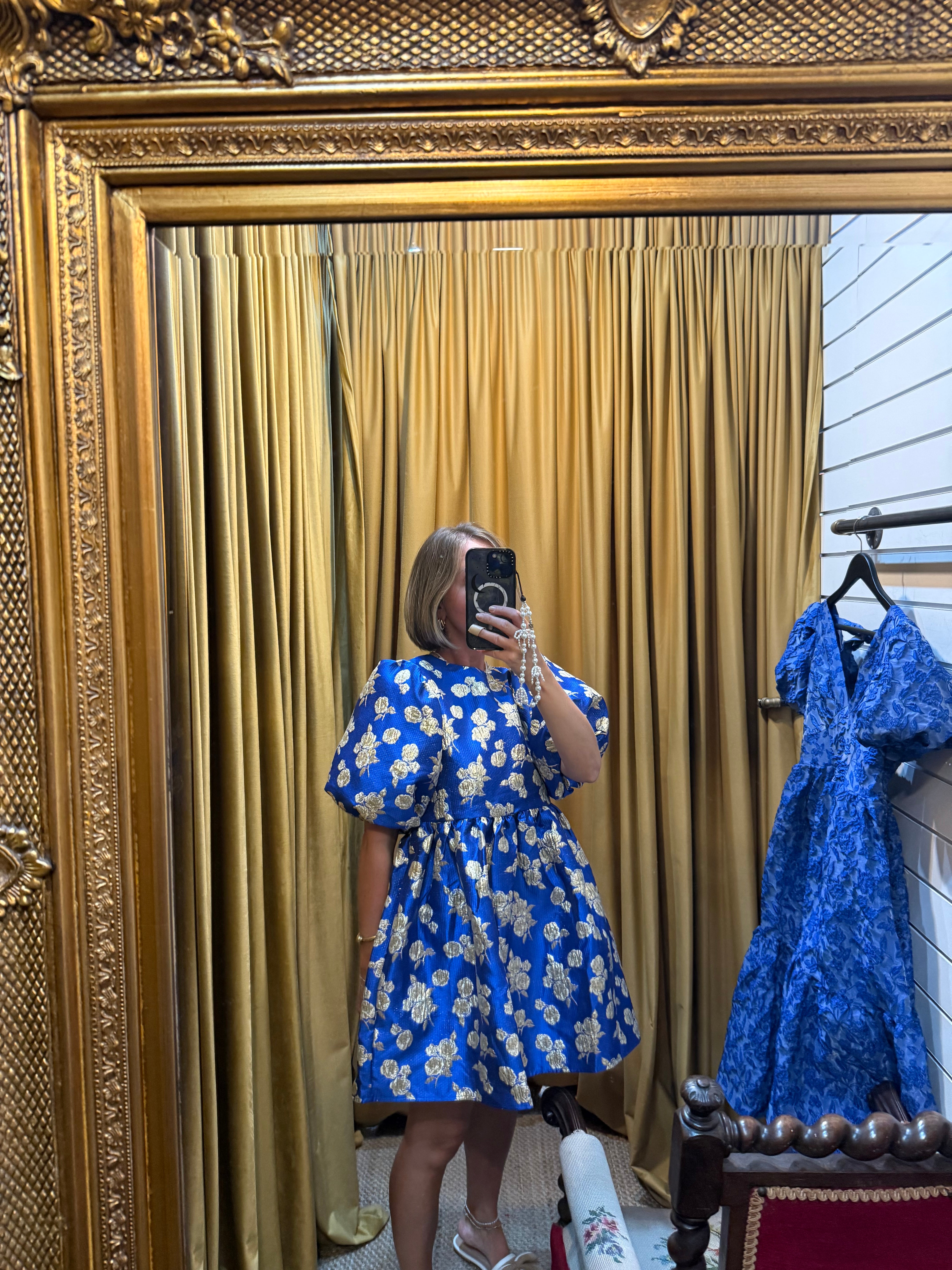 Dream Golden Blues Jacquard Mini Dress - Sister Jane