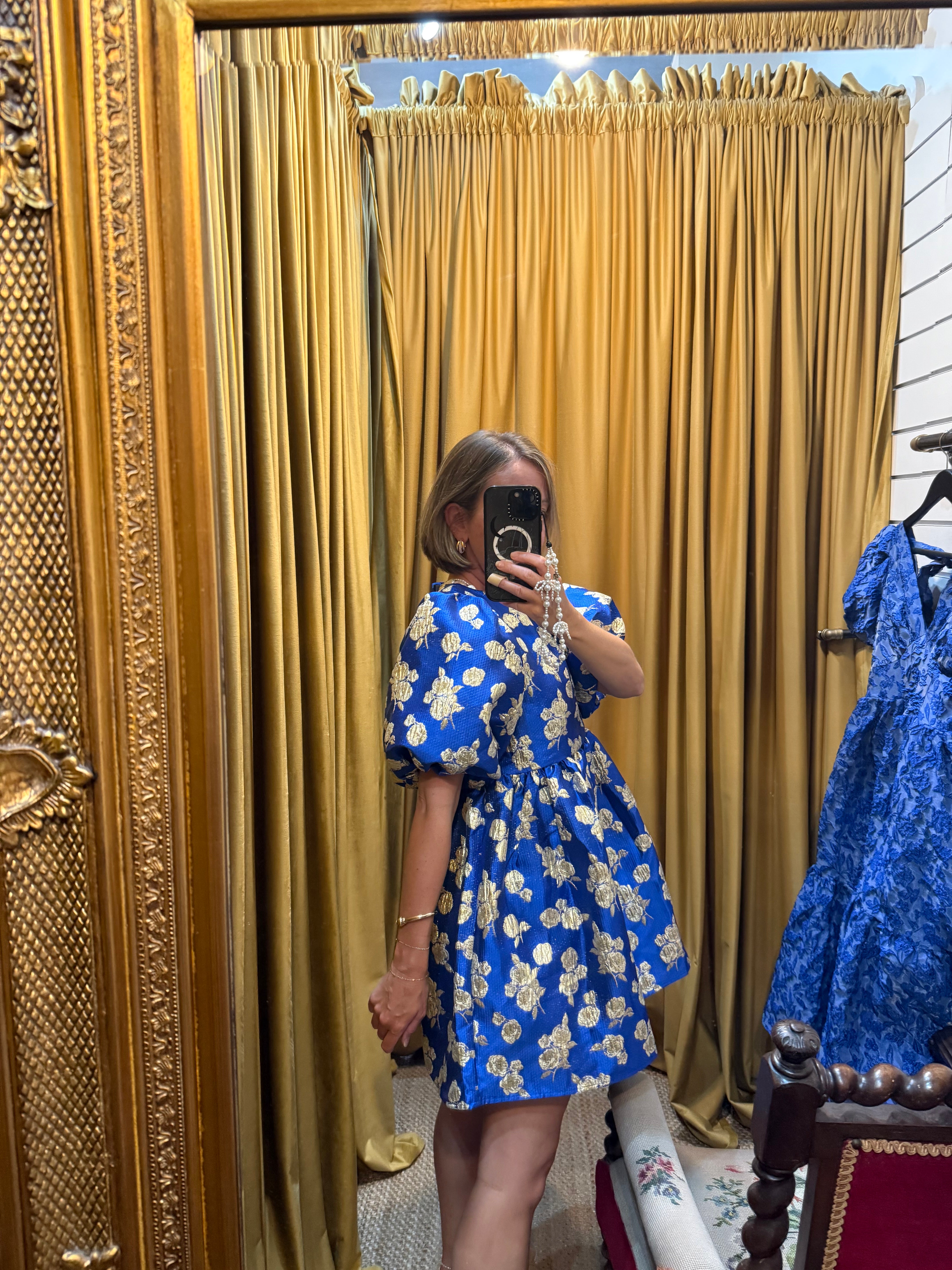 Dream Golden Blues Jacquard Mini Dress - Sister Jane
