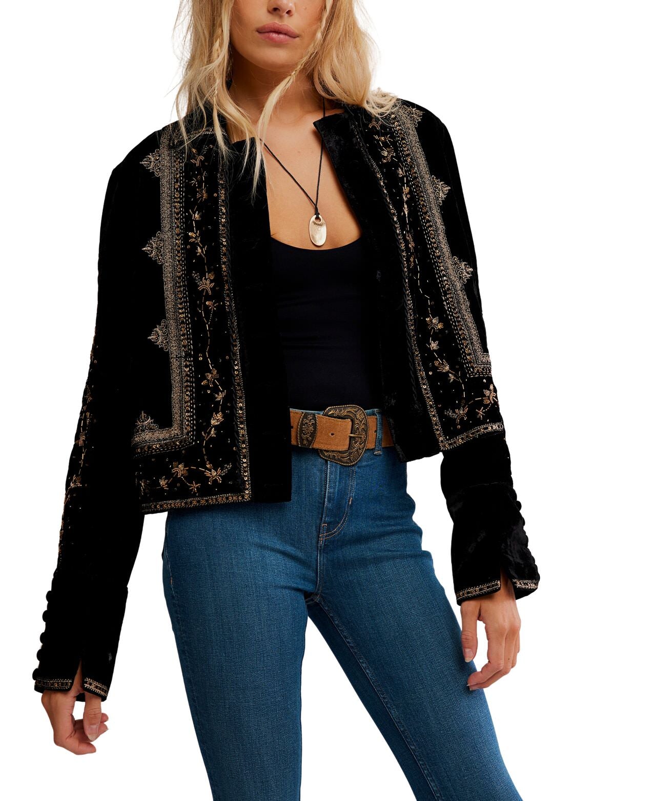 Maxxie Embellished Velvet Jacket - Black - Free People