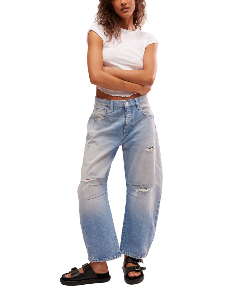 We The Free Good Luck Mid-Rise Barrel Jeans in Barnyard Blue - Free People