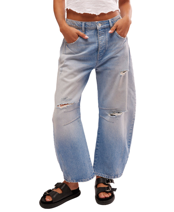 We The Free Good Luck Mid-Rise Barrel Jeans in Barnyard Blue - Free People