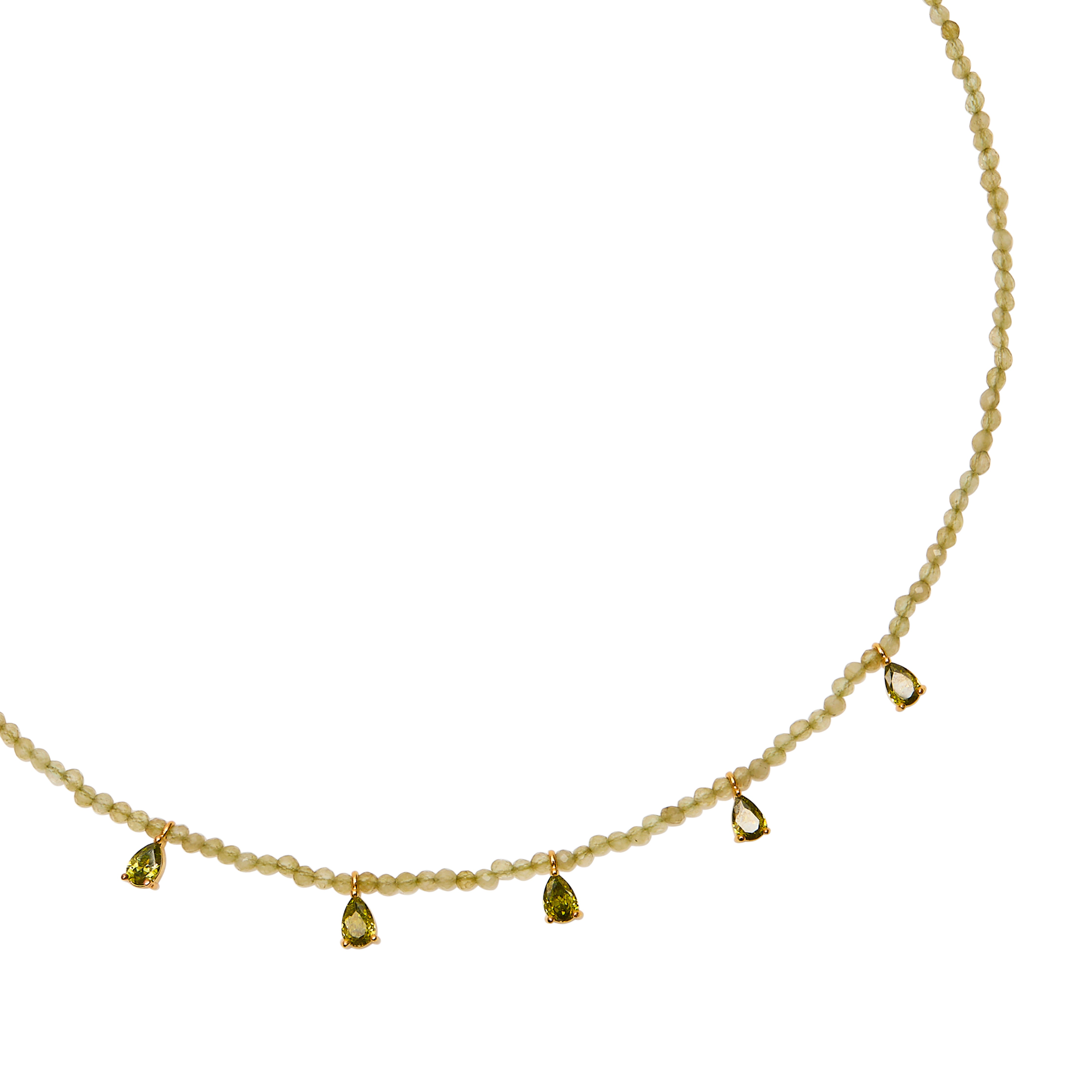 Beaded Necklace with CZ drops Green Jade