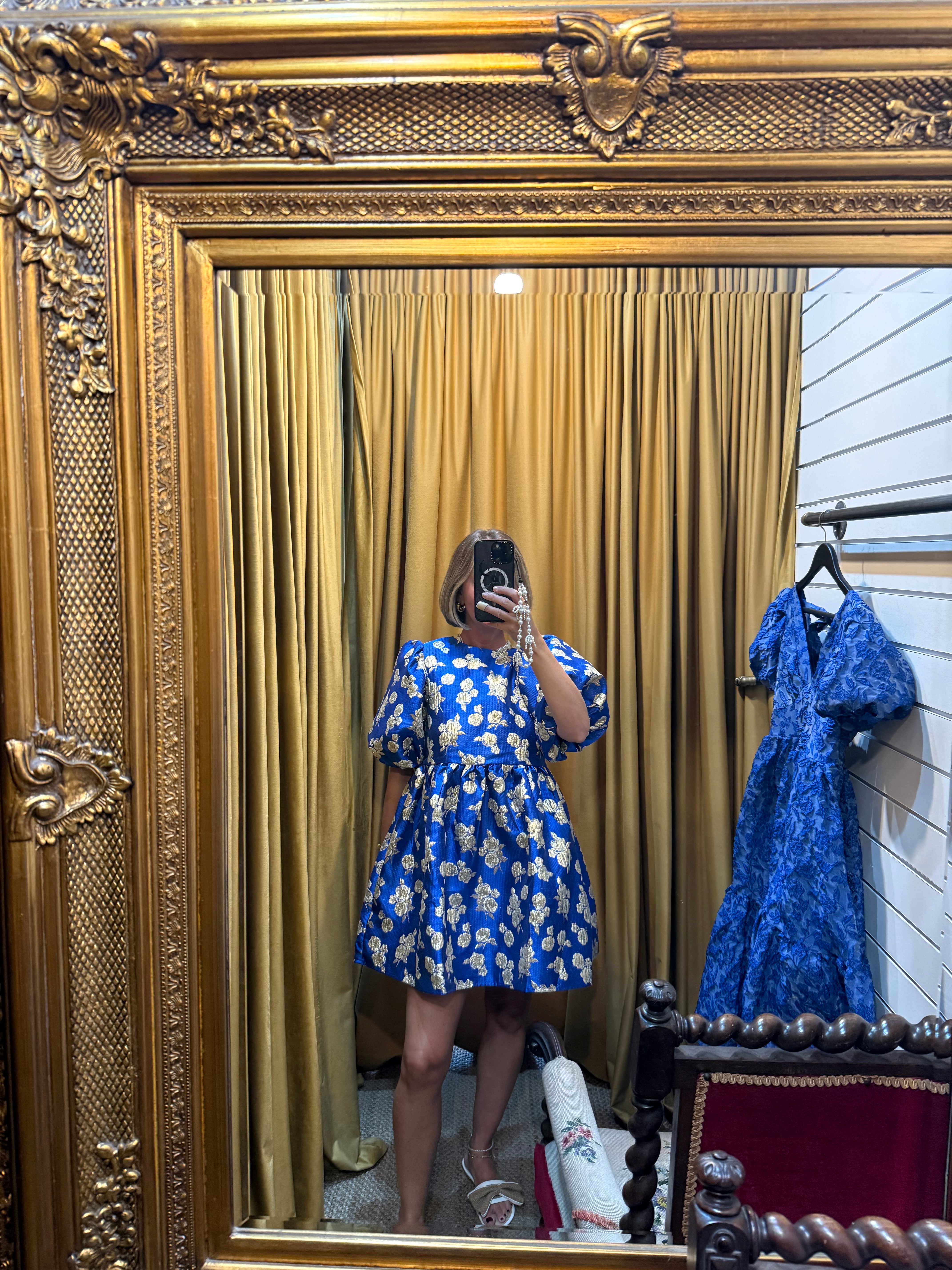 Dream Golden Blues Jacquard Mini Dress - Sister Jane