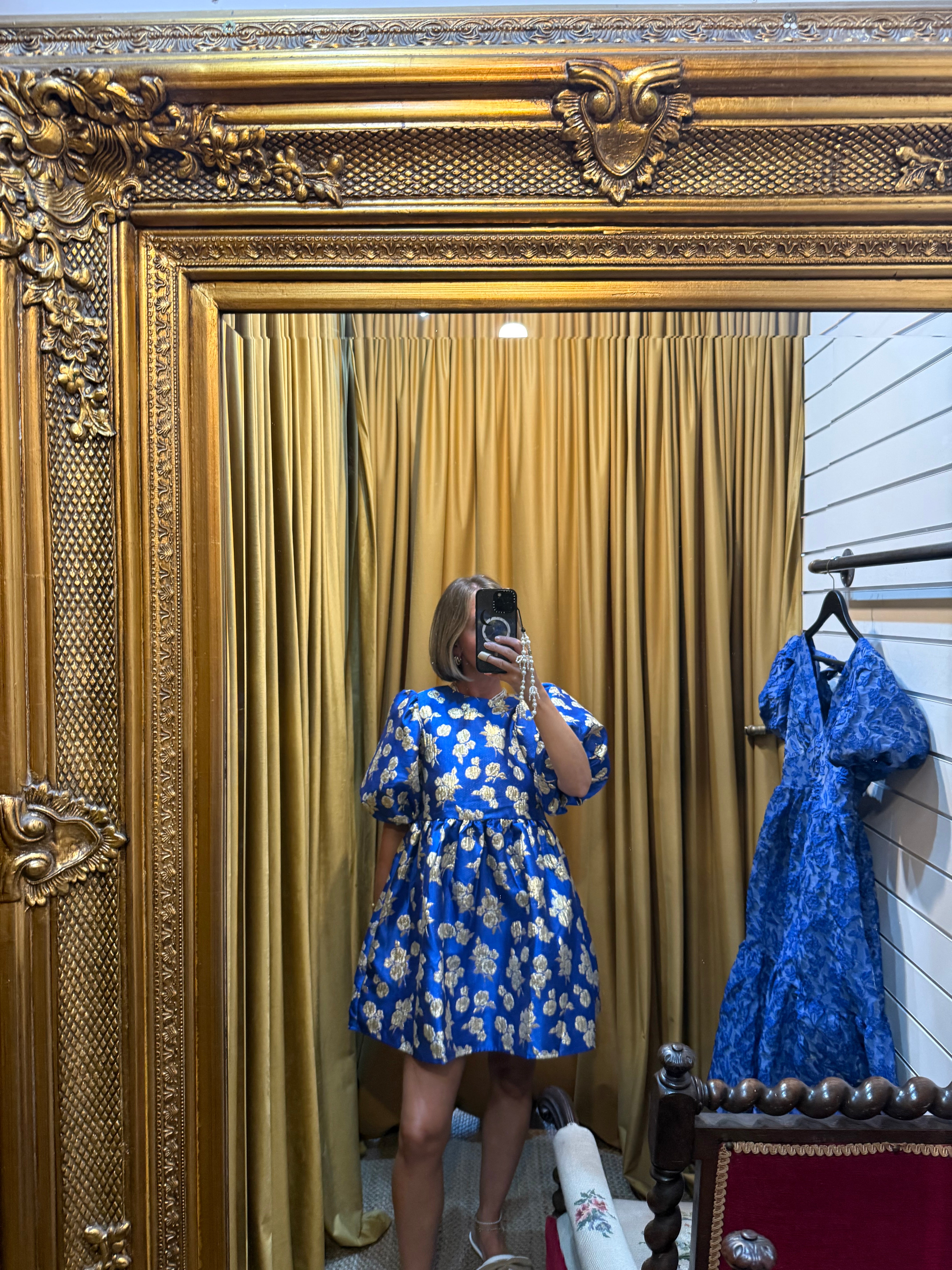 Dream Golden Blues Jacquard Mini Dress - Sister Jane