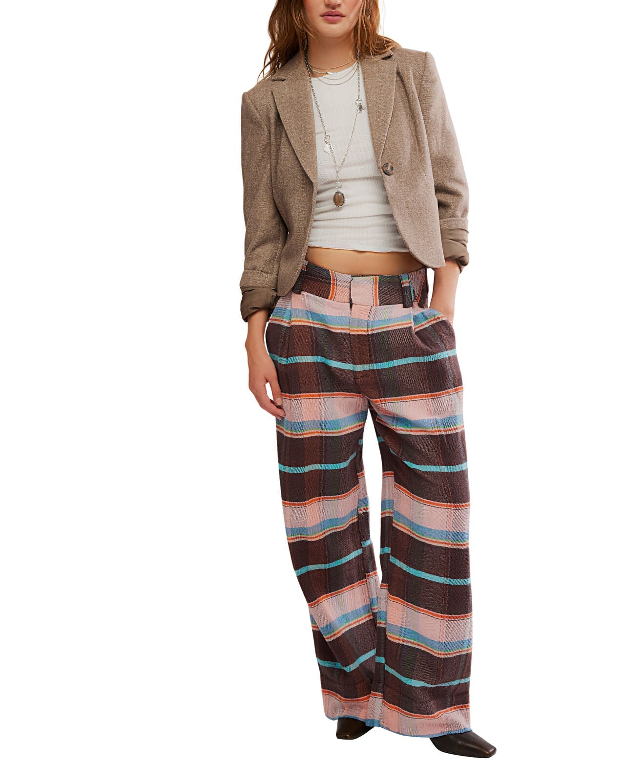 Free People Buckle Back Plaid Trouser