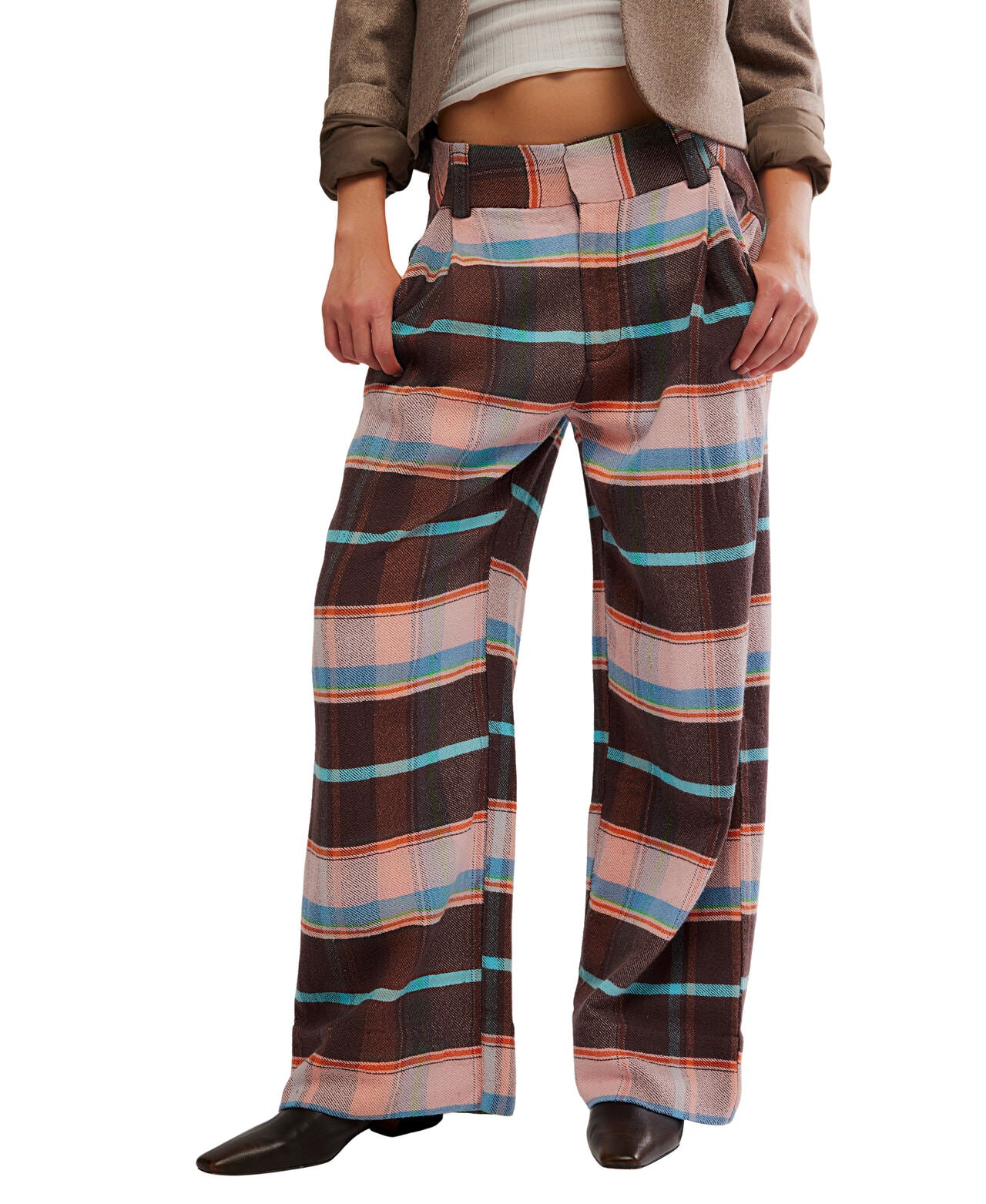 Free People Buckle Back Plaid Trouser